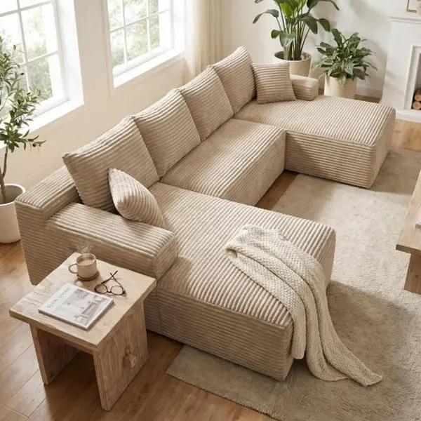 132.1" Compressible U-Shaped Modular Sectional Sofa, Minimalist Corduroy Cloud Couch, Vacuum Packed Convertible Modular Sofa, Deep Seat Upholstered Sofa for Living Room Large Space（Camel）