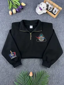 Space Mission Graphic Half Zip Sweatshirt – Aesthetic Astronaut Patch Cozy Oversized Pullover