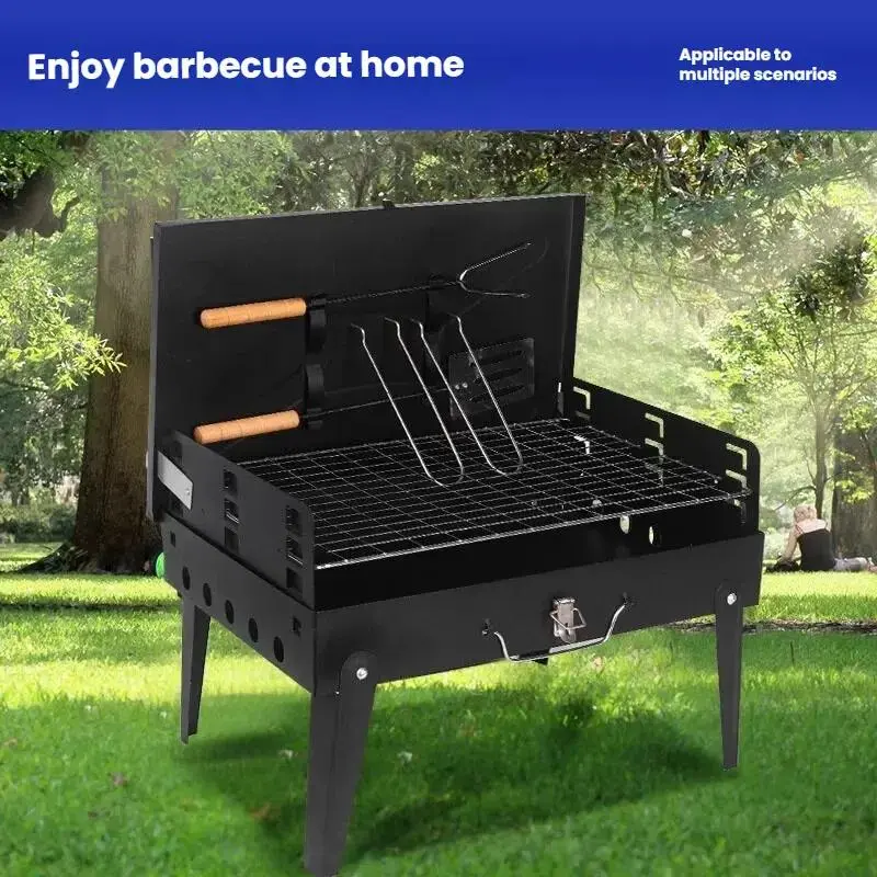Portable Foldable Outdoor BBQ- Portable Charcoal Grill, Foldable BBQ Grill, Cast Iron Grill, Adjustable Height, Compact Lightweight, No Assembly Required, Camping Grill, Backyard BBQ, Tailgating Picnic Grill, Tabletop Mini Grill, 6Pcs BBQ Tool Set