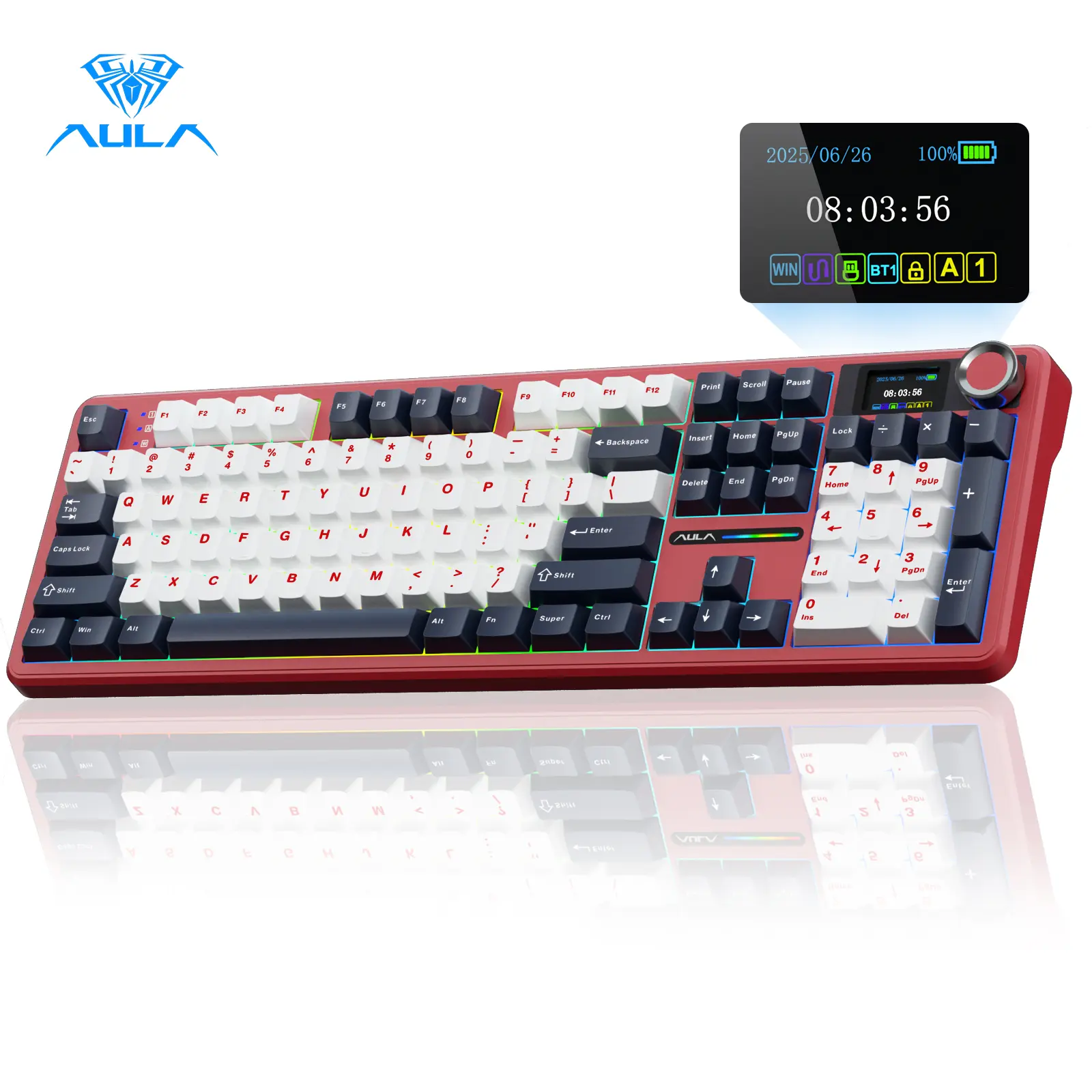 [Pink Restock]AULA F108 Pro Wireless Mechanical Keyboard, Full Size Gaming Keyboard with Smart Screen, Knob, Creamy Typing, Tri-Mode Connection, RGB Backlit, Hot Swappable Keyboard for Work and Gaming, Red Fathersdaygift