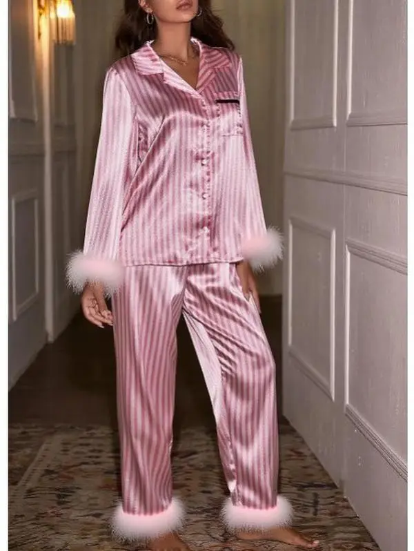 Women's Satin Pajama Set, Long Sleeve Button-Down Striped Sleepwear with Faux Fur Cuffs, Soft Silk Loungewear Top and Pants Set, Comfortable PJs for Christmas, Holiday, Party and Daily Wear, Plus Sizes Available