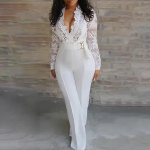 ChicMe Crochet Lace Trim Deep V-Neck Floral Lace Spliced Overalls Casual Zipper Back Wedding Guest Seam Front Jumpsuit with Belt