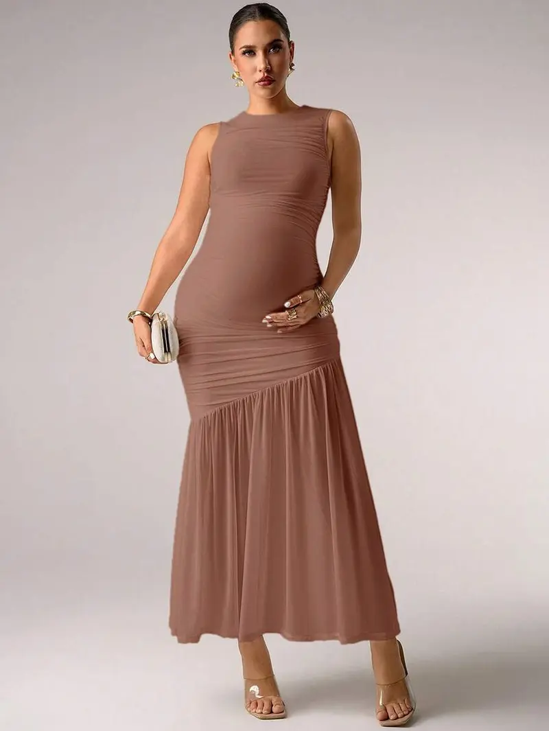 brown dress for pregnant women Zaria | Brown Crew-Neck Maternity Maxi Dress With Cape-Overlay