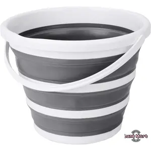 Collapsible Silicone Bucket 10L Portable Foldable Water Pail With Handle Space Saving For Camping Car Washing Cleaning And Outdoor Activities Gray And White