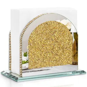 Gold Napkin Holder, Glass Napkin Holders for Tables, Mirrored Dazzling Diamond Napkin Dispenser, Vertical Napkin Holder, Bling Kitchen and Dining Table Decor with Weighted Anti-Slip Base