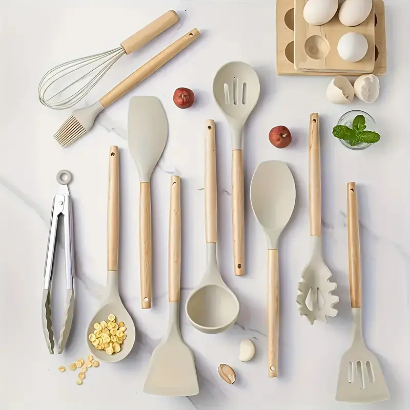12-Piece Premium Non-Stick Silicone Cooking Utensil Set - Ergonomic Wooden Handles, Durable, Heat-Resistant, Scratch-Resistant, Easy-to-Clean Gadgets Including Spoon, Pasta Fork, Space-Saving Hanging Storage for Home Cooking Enthusiasts