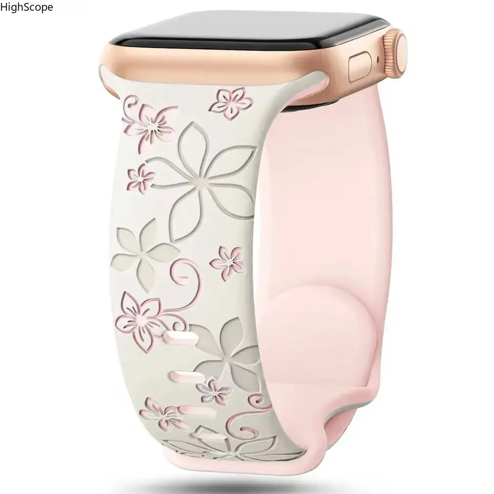 Floral Engraved Two-Tone Silicone Apple Watch Band, Soft Sport Strap for All Series/Ultra/SE 4-9