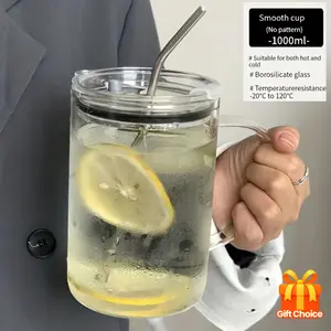 1-Piece set, large glass with lid and straw, heavy-duty glass water cup, iced coffee cup, drinking cup, summer and winter drinks, summer gifts, couple gifts, Glass with Handle