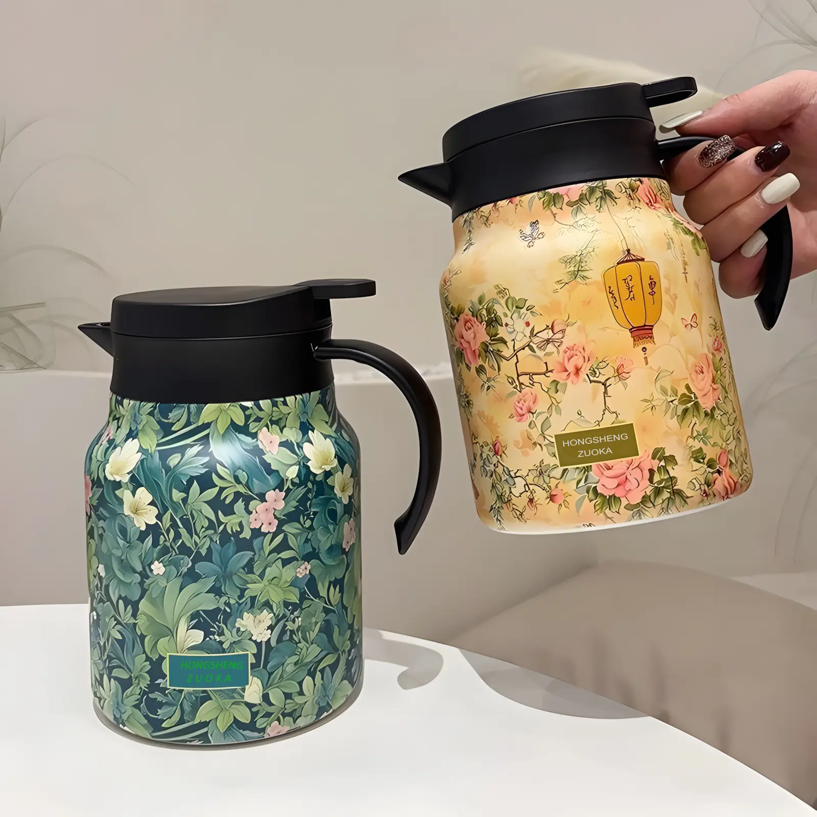Floral Pattern Tea Thermos with Handle, 1 Count Vintage Tea Pot with Infuser, Stainless Steel Insulated Tea Pot, Vacuum Flasks Drinkware for Home Office
