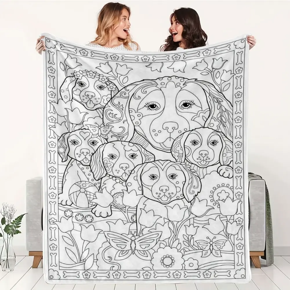 Dog Coloring Book Style Blanket,Soft Flannel Throw Blanket with Cute Puppy Floral Print, Cozy Gift for Dog Lovers Kids Girls Teens, Black White Animal Blanket for Bed Couch Sofa Dorm Room, Fun Puppy Blanket for Naptime Movie Night and Pet Lover Room Decor