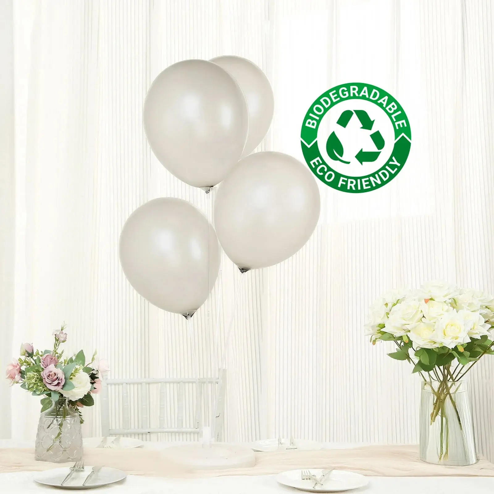 12-in Silver Biodegradable Latex Helium Balloons, 50-Pack Extra Strong Thick Eco-Friendly Balloon Party Supplies, Wedding Hanging Decor, Photo Booth Props