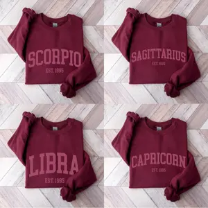(Leave A Note or DM to Shop) (Ver 2) Custom Zodiac Sweatshirt – Maroon Color, Custom Year-Est Your Year Astrology Pullover, Cute Horoscope Energy Gift, Unisex Crewneck Sweatshirt, Birthday Zodiac Sign Outfit - HARSIN