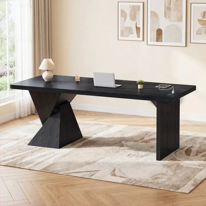 SIKAIC 70.9 Inch Executive Desk with Power Outlets, Large Black Computer Desk for Home Office