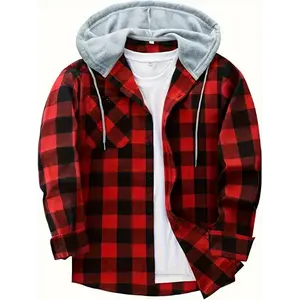 Long Sleeve Men's Plaid Pattern Hooded Shirt Jacket with Chest Pocket for Casual Fall Winter Outwear