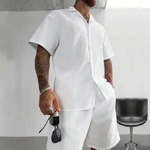NERCAMN Two-piece men's summer pleated short-sleeved shirt, a summer set with casual loose and versatile beach sports shorts suit men's