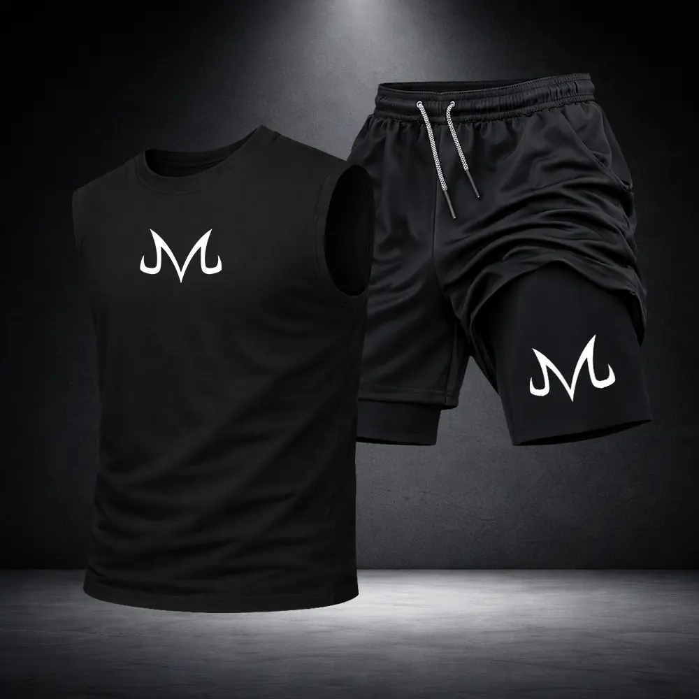 Men’s Black Workout Set Sleeveless Tank Top & Sports Shorts 2-Piece Gym Outfit