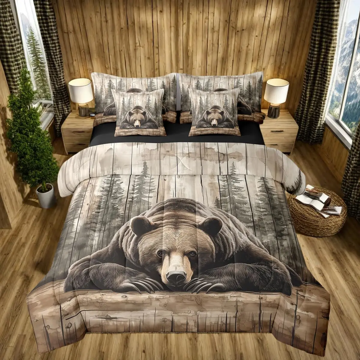 Feelyou 7-Piece Ultra Soft Grizzly Bear Bedroom Bedding Set - Multi-Size Decorative Hunting Wild Animal Comforter Set, Rustic Farmhouse Cabin Bed-in-a-Bag with Flat, Fitted Sheets, Decorative Bedding Set
