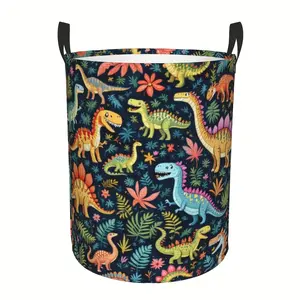 Dinosaur with handle foldable laundry basket, classic style round fabric laundry basket, Oxford fabric, large capacity, for bathroom decoration and accessories, bathroom organization and storage, room decoration, laundry basket