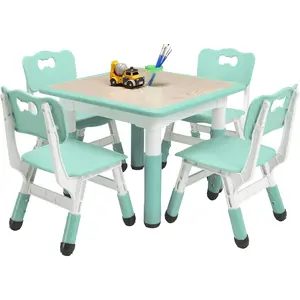 Kids Table and Chairs Set, Height Adjustable Kids Desk With 4 Chairs for Ages 2-10, Multi-Activity Kids Arts Table With Graffiti Desktop and Non-Slip Legs for Classrooms Daycares Home, Light Blue