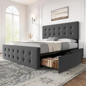 Dark Grey Full Size Bed Frame with 4 Drawers and Adjustable Headboard,Linen Fabric Upholstered Platform Bed with Button Tufted Design,No Box Spring Needed,Strong Wooden Slats