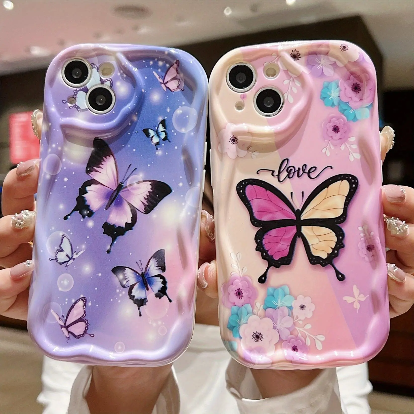 Butterflies Pattern Straight-Edge Silicone Phone Case for iPhone 17/16 E Pro Max/15 Plus/14/13/12/11/Air - Shockproof, Non-Slip, Military-Grade Protection for Smartphones, Handheld Cellphone Devices, Casing