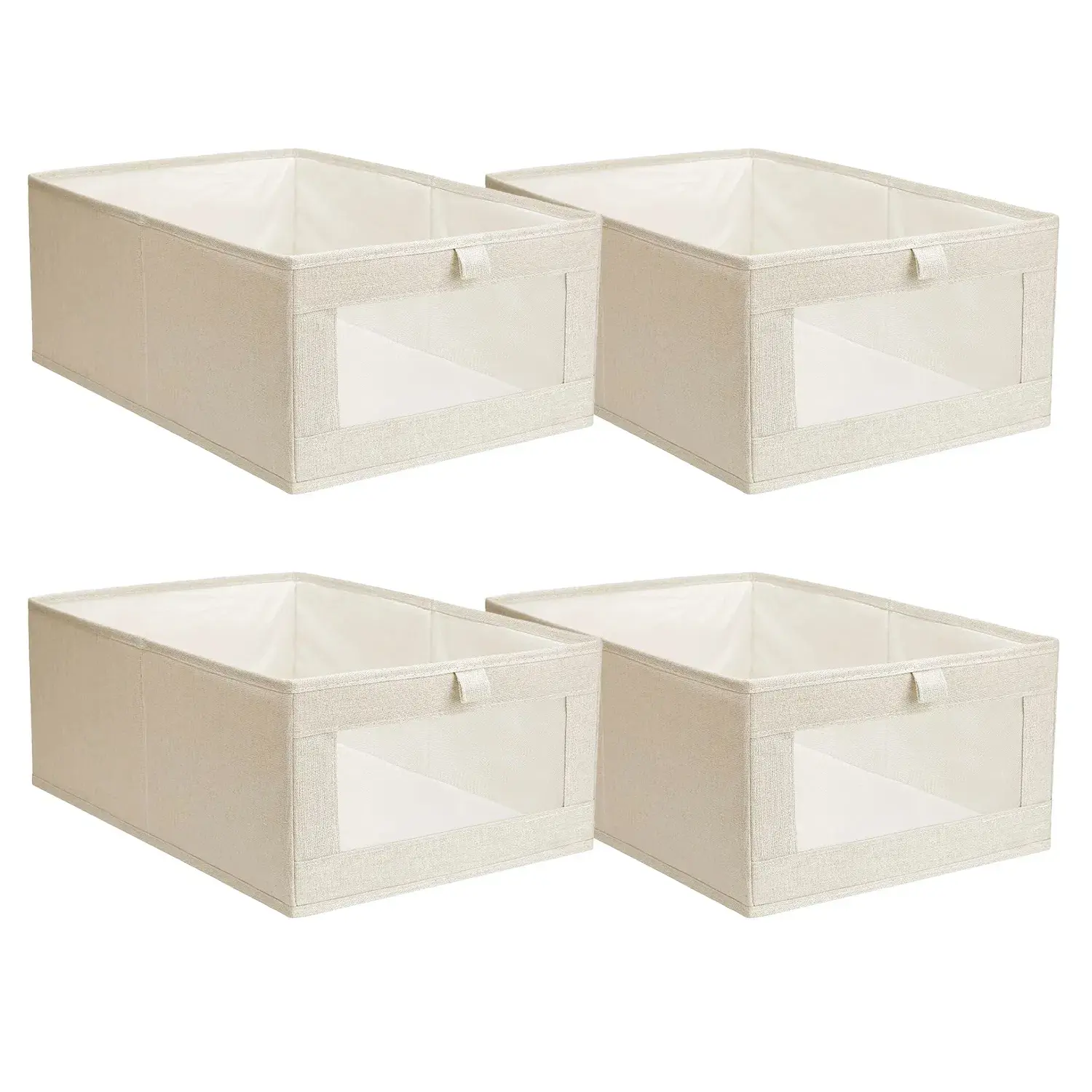 4Pcs Foldable Linen Clothing Storage Bins with Clear Visible Window, Convenient Handles, Multipurpose Collapsible Fabric Containers for Closet Shelves, Bedroom Home Organization Multifunctional