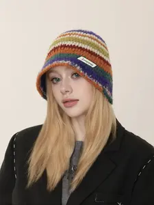 Fashion Rainbow Stripe Pattern Crochet Bucket Hat, Fashion Matching Hat, Casual Letter Label Decor Fisherman Hat for Fall & Winter, Fashion Accessories for Women & Girls