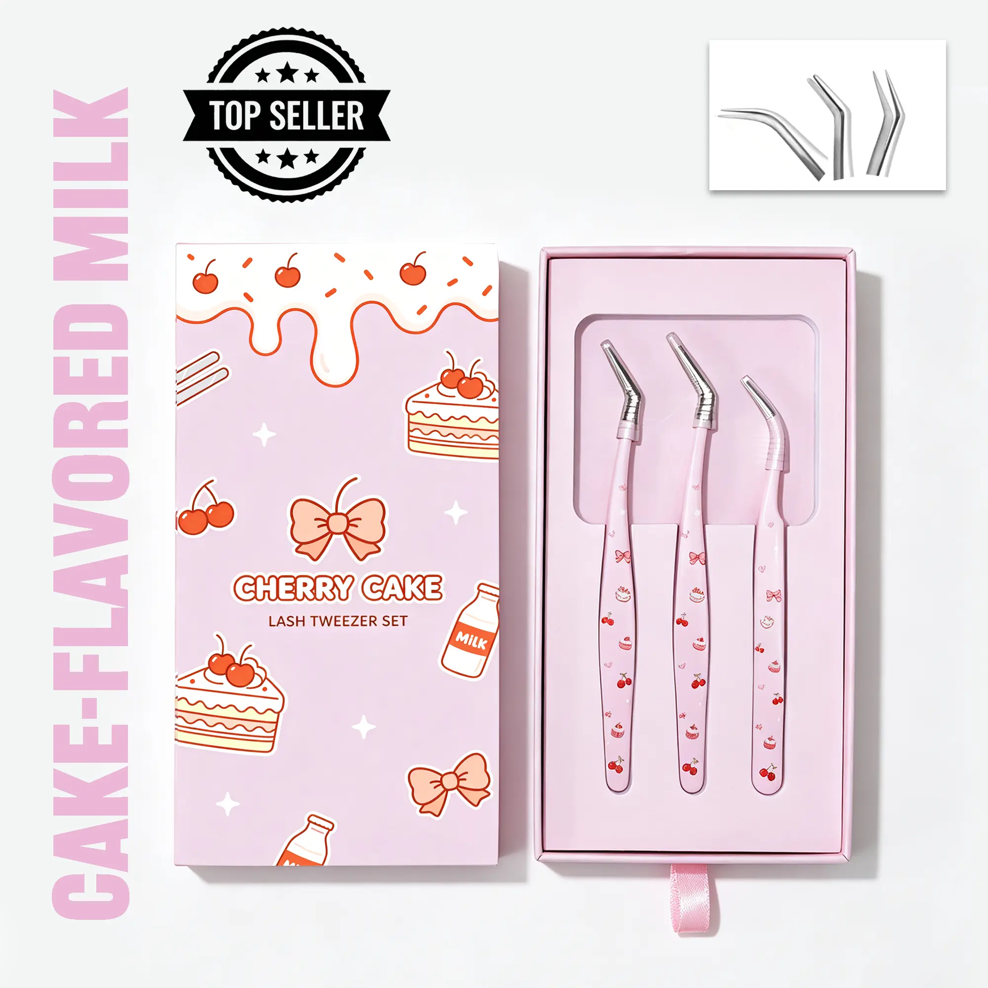 OceaNsy-Kawaii Cherry Bow Print Stainless Steel Lash Tweezers Kit, Lightweight Professional Volume Isolation Boot Tweezers, Salon-Grade Cosmetic Gift Set with UV-Wipe Feature for Makeup Artists