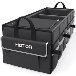 Foldable Car Trunk Storage Organizer with 3 Compartments, Black with Gray Trim Heavy Duty Trunk Box, Built in Cooler Bag with Ice Pack and Reflective Strips for Safety, Multi Purpose Car Organizer for Groceries, Tools, Sports Gear and Travel