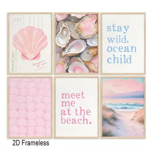 6-Piece Set, Pink Beach College-Style Wall Art, Coastal Aesthetic, Room Art, Wall Decoration, Seashell and Oyster Posters, Art Prints, Perfect for Girls' Rooms, Dorm Rooms, and Home Decor, Frameless