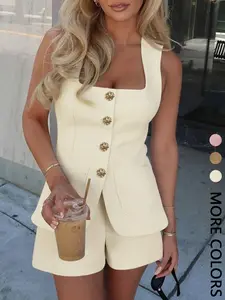 Women's Square-Neck Belted Vest & High-Waist Wide-Leg Shorts Two-Piece Set, Elegant Fitted Workwear Outfit for Summer