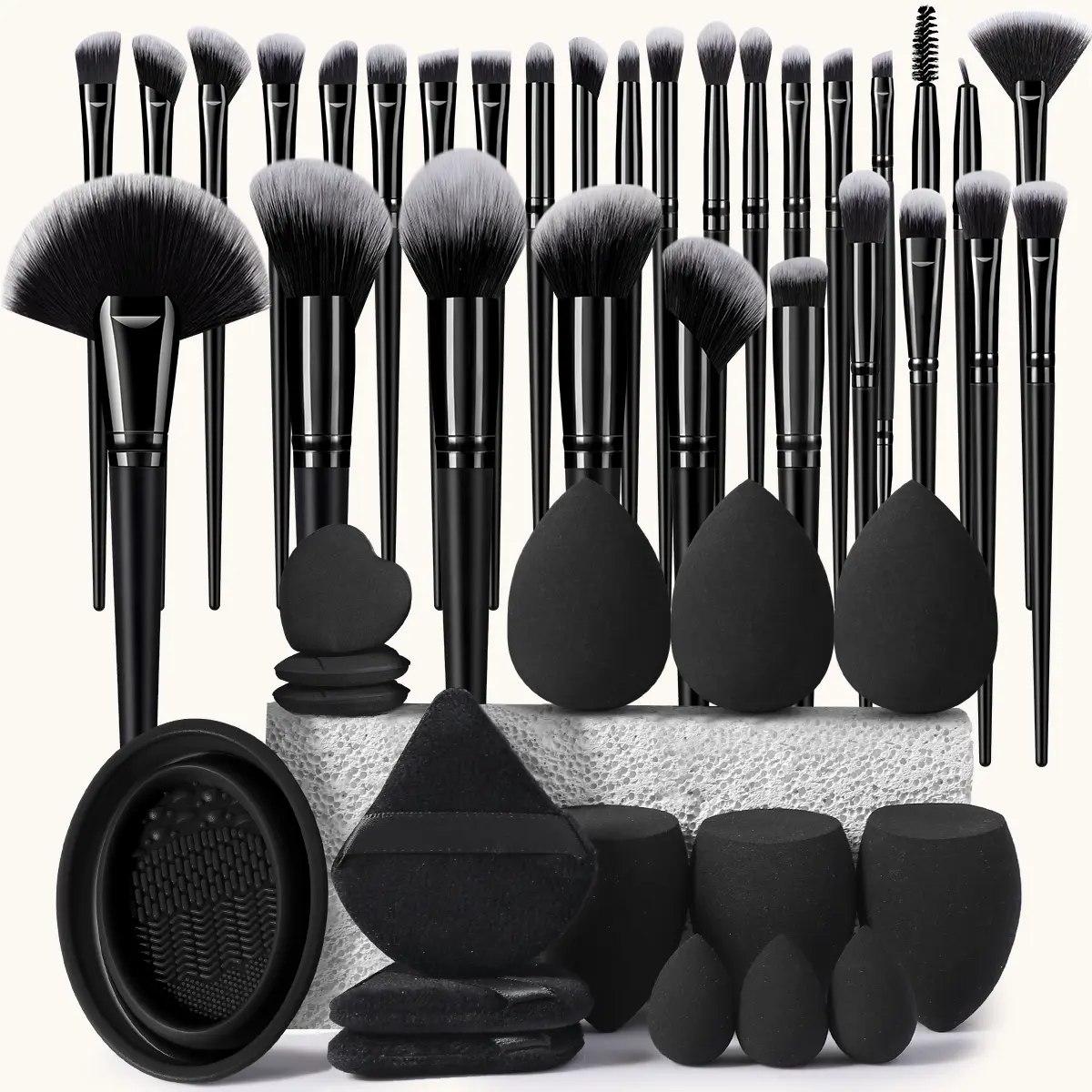46PCS All-Round Makeup Tools Set, 30PCS Professional Makeup Brushes, 6 Regular Makeup Sponges, 3 Mini Makeup Sponges, 3 Triangle Powder Puffs, 3 Mini Air Cushion Puffs and Makeup Brush Cleaning Tool, Multipurpose Beauty Accessory Kit for Daily Makeup