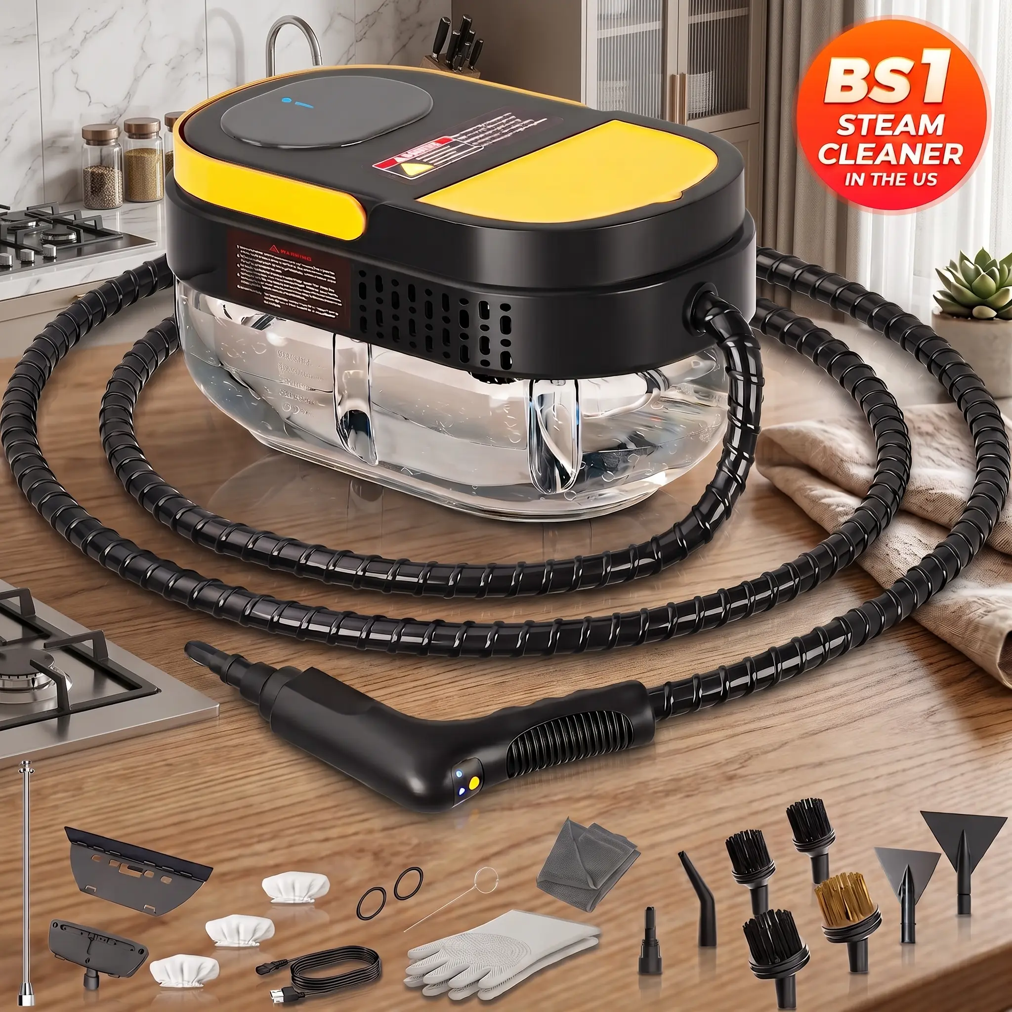Gautye Corded All-Purpose Steam Cleaner, 1500W 3-Stage Adjustable Handle, 15s Ready Steam Rapid Heat System, 1.7 Qt/1600ml Durable Tank, Portable Mop with 15-Piece Accessory Kit, Deep Clean Floors, Grease Melts Fast, Grout Grime Lift