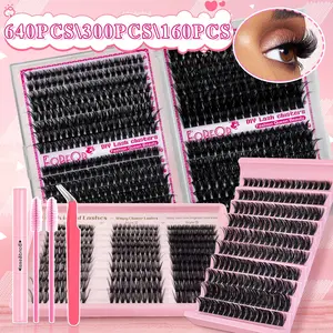 Lash Extension Kit 640pcs, Includes Glue Tweezers Brush, Mixed D Curl 8-16mm, Perfect for DIY Home Use, Reusable Makeup Tool Set, DIY Lash Clusters