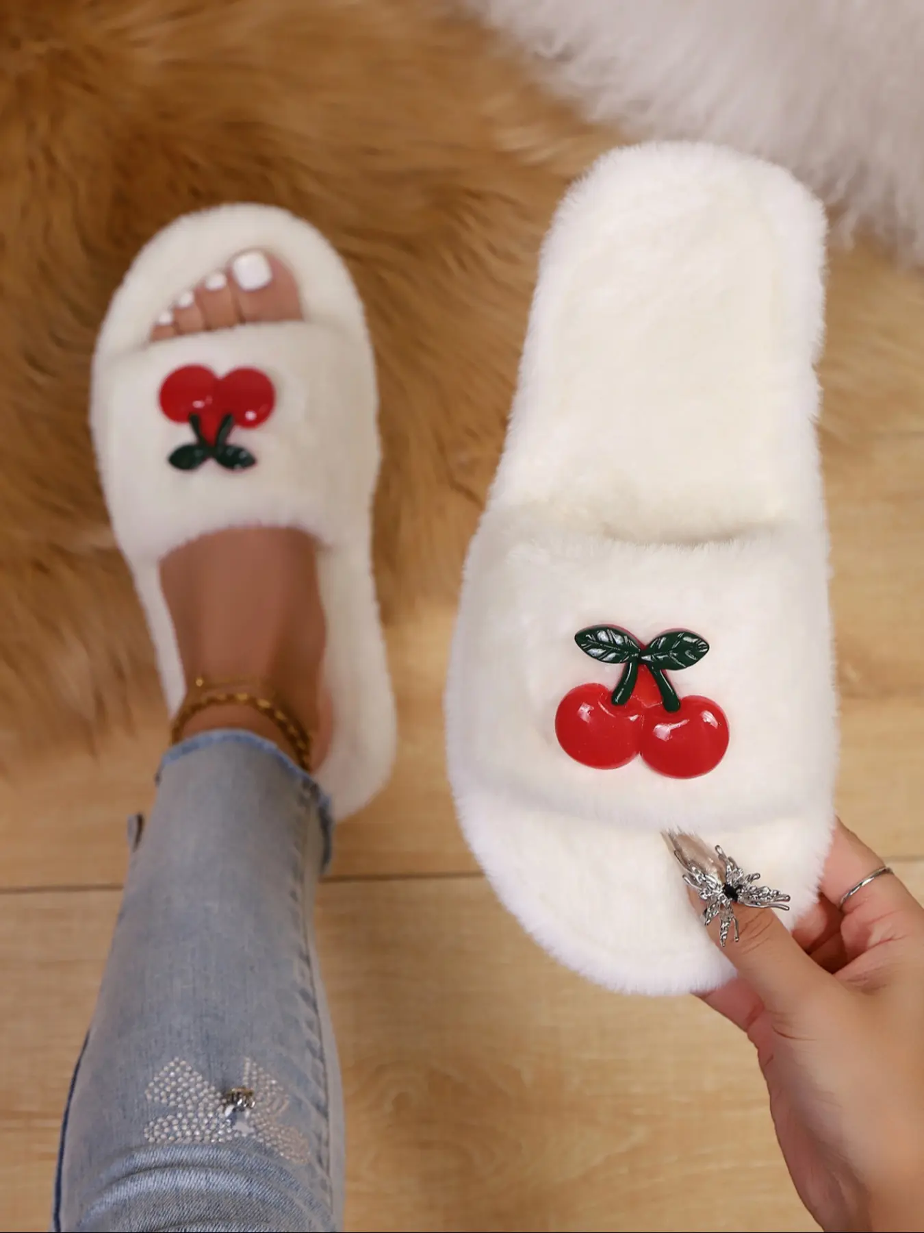 Women's Fashion Soft Fuzzy Slippers with Cherry Decoration, Comfortable Indoor Shoes for Fall & Winter, Casual Style for Stylish Women