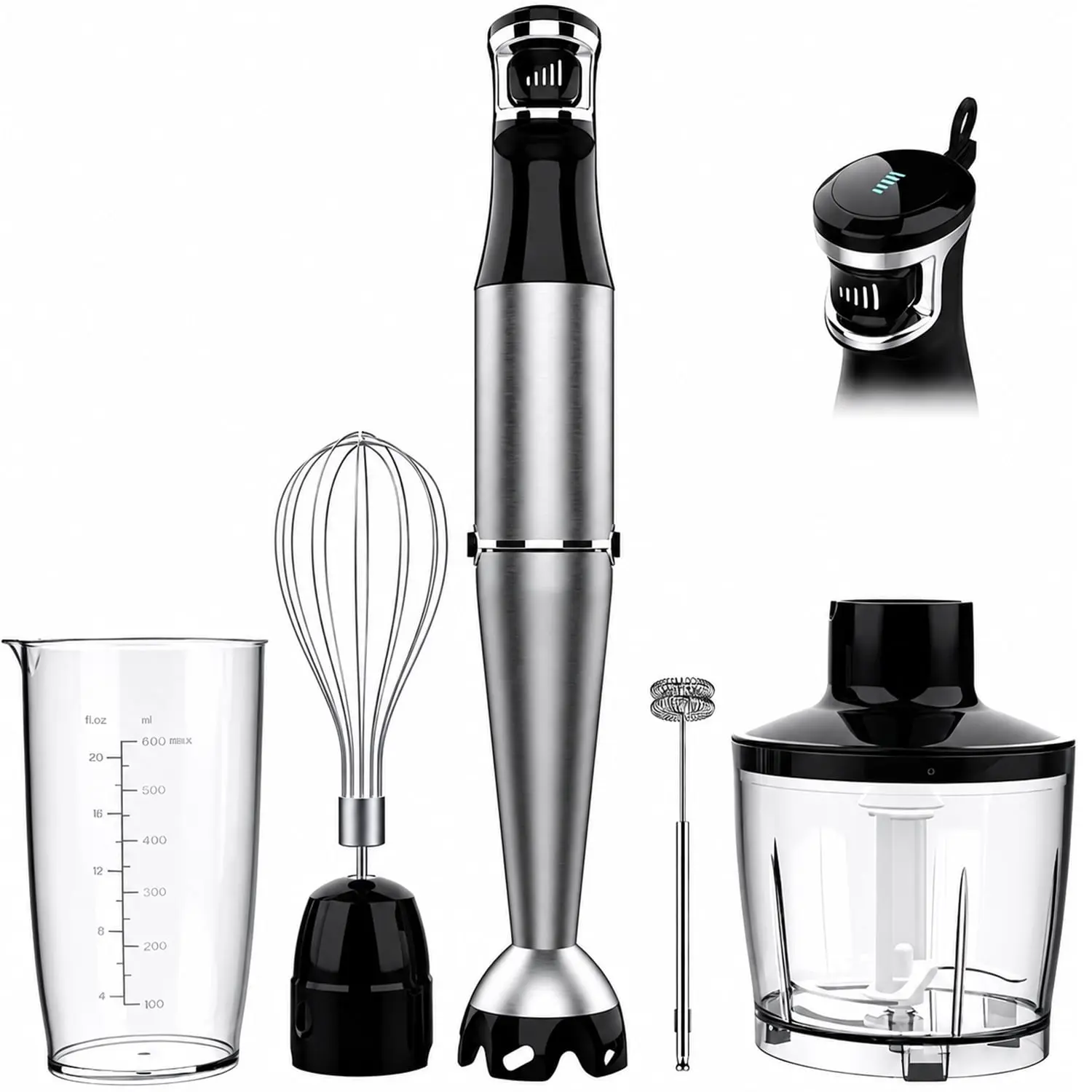 Boyun Daj Immersion Blender, 1100W 5-in-1 Hand Blender, Multi-Speed with 600ml Beaker, Chopper, Whisk & Milk Frother, Ideal for Soup, Baby Food, Sauces, Smoothies & Puree