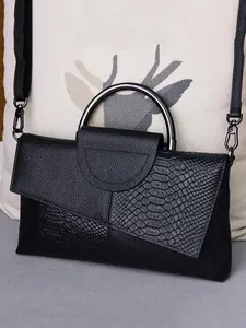 Women's Solid Color Crocodile Embossed Crossbody Bag, Large Shoulder Bag for Party, Trendy All-match Bag College Student, Casual Shoulder Bag