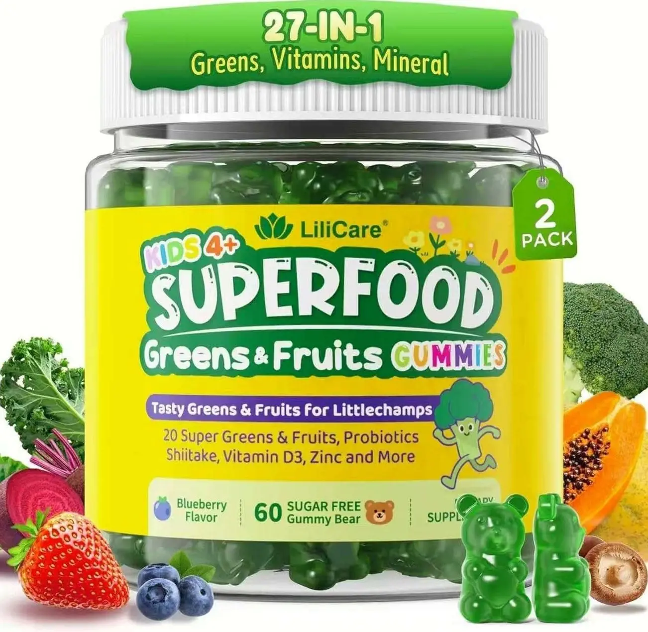 Kids Super Greens Gummies, Superfood Multivitamin for Kids Sugar Free 2Pack | 30 Veggie, Fruit, Vitamin, Mineral, Probiotic, Kids Vitamin Gummies for Growth, Immunity, Digestion, Picky Eater Approved