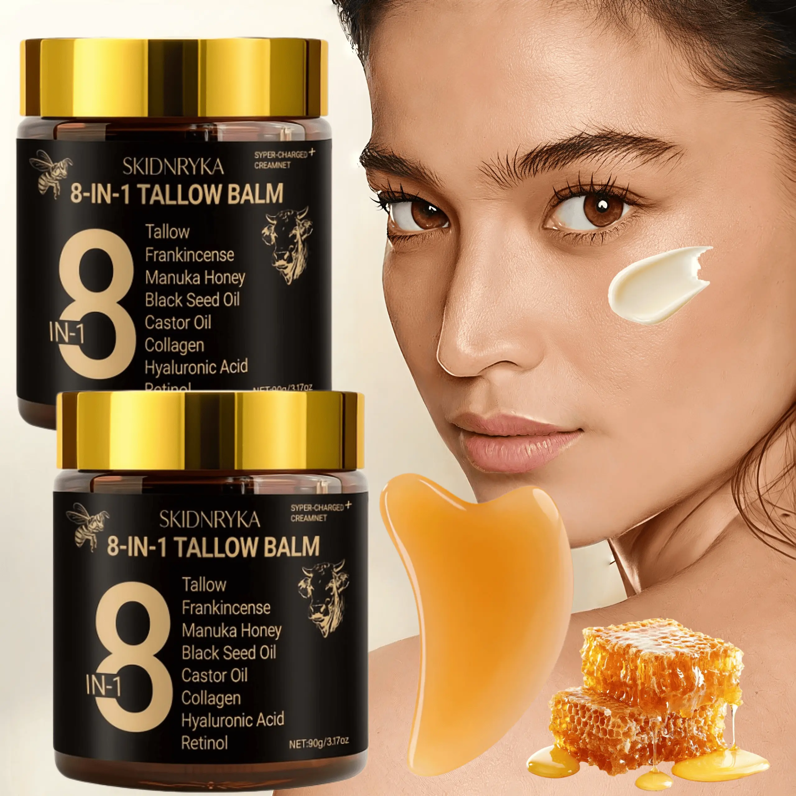 Skidnryka moisturizing cream with beef tallow and Manuka honey, 8-in-1 moisturizer, includes gua sha board, contains retinol and hyaluronic acid, suitable for normal and all skin types, net content 3.17 oz, moisturizing product, hydration