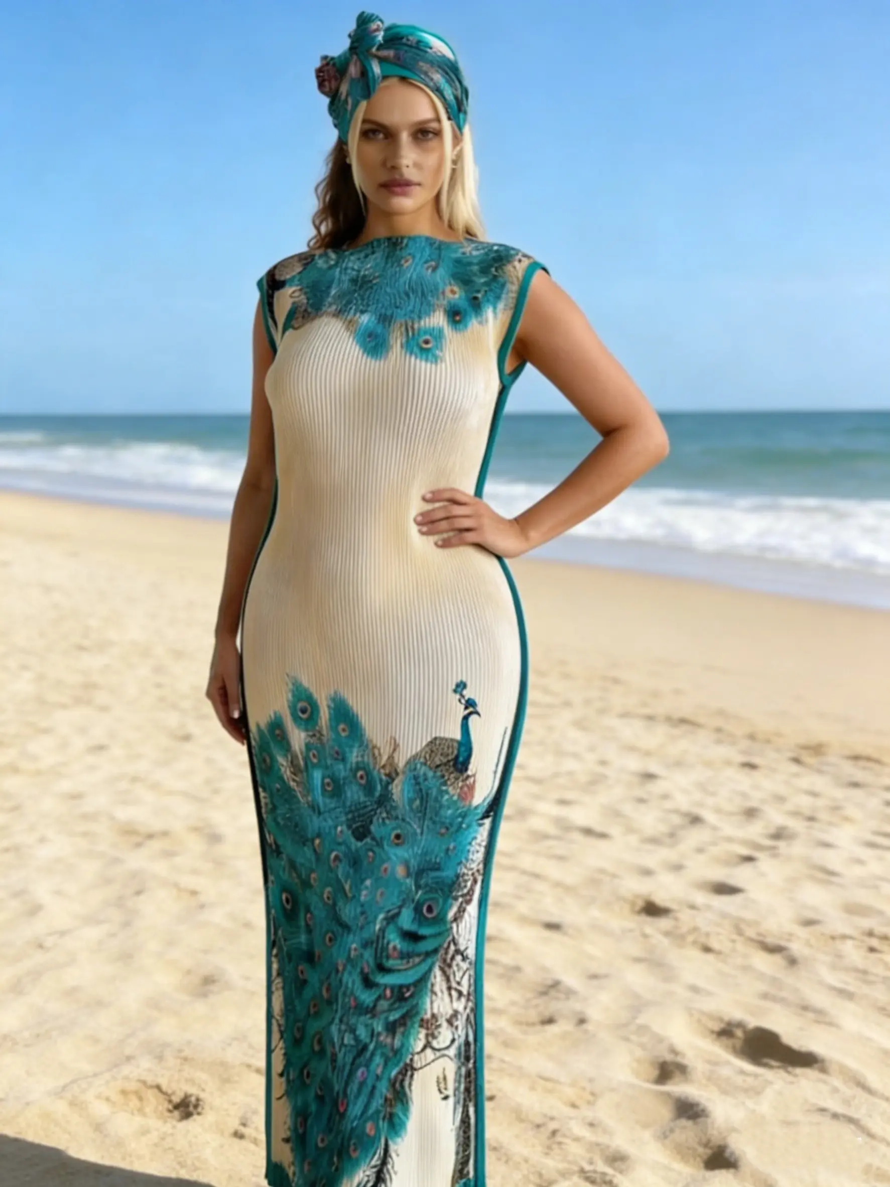 2026 Trending Teal Maxi Dress – Loose Sleeveless Pleated Peacock Print Boho Bohemian Casual Elegant Style Dress, Perfect for Beach, Party & Everyday Wear | FREE Matching Headwrap Included