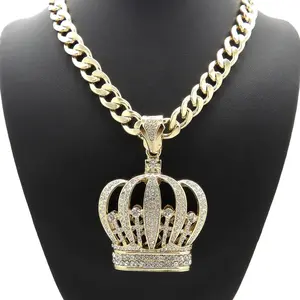 MaxBling81 Men's Large Sparkling Zircon Hip Hop King Crown Pendant with 10mm Cuban Chain Link Necklace, Adjustable 18"-30" Long Statement Necklace, Gold/Silver Tone Men's Jewelry Costume Accessory