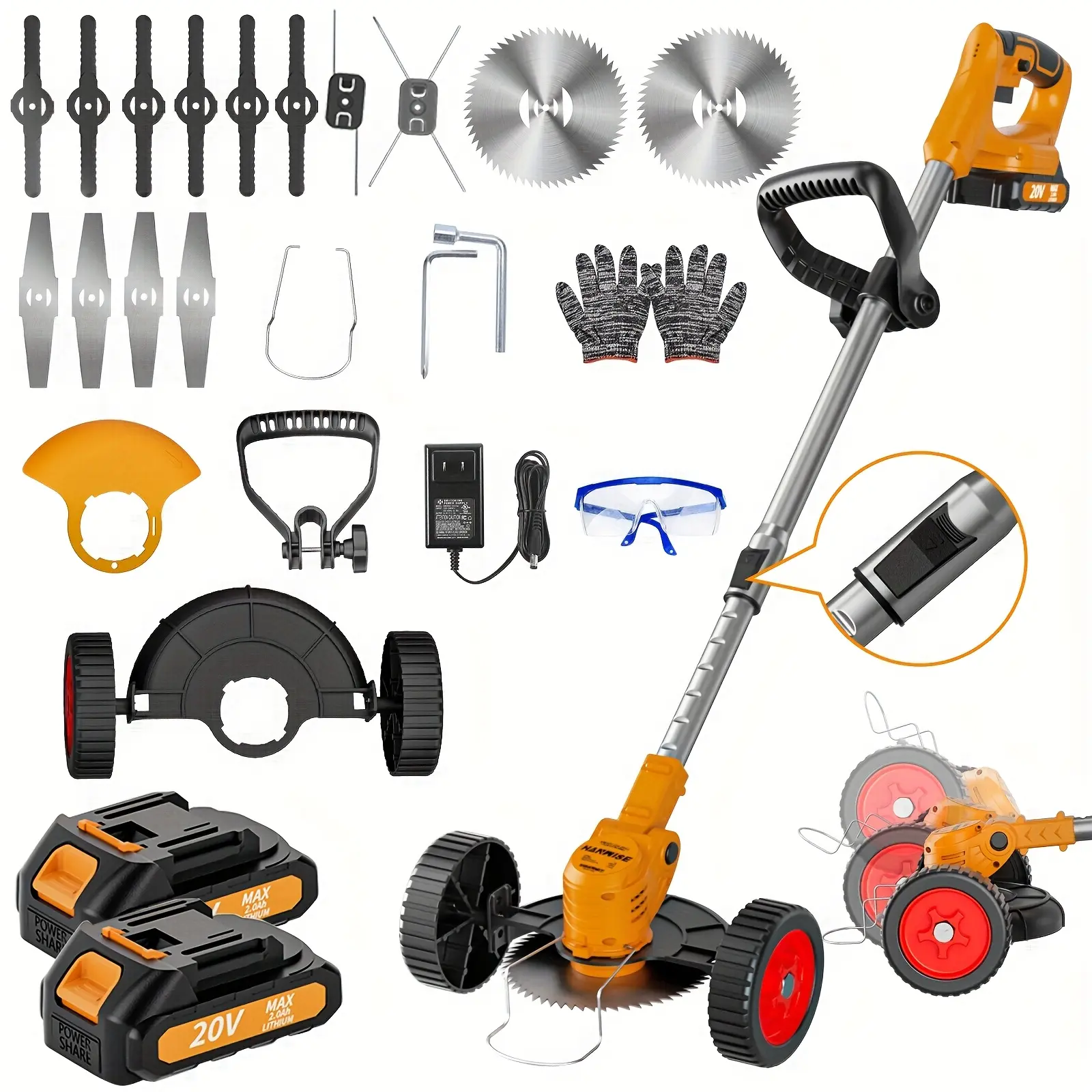 Cordless Lawn Mower and Lawn Trimmer, Wheel Lawn Trimmer, Equipped with Cutting Blades, Cutting Lines, Gloves, and Goggles - Heavy duty Metal Courtyard Lawn Mower/Trimmer, Suitable for Gardens and Courtyards (Including Battery and Tool Set) Stringless Gra