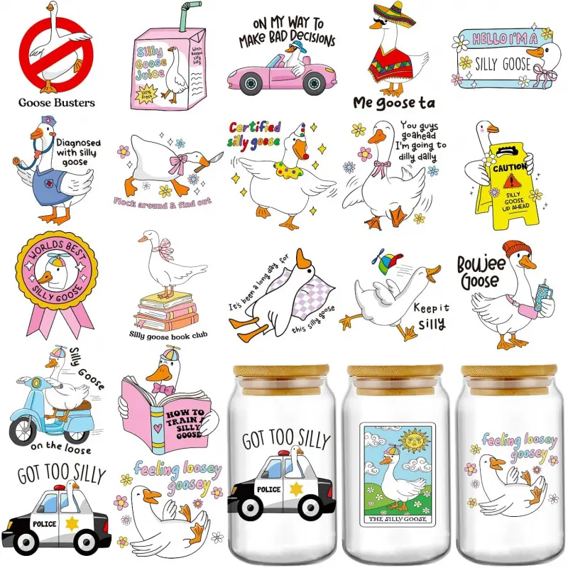 Funny Goose UV DTF Decals - 20 Sheets White Sllly Goose UV DTF Cup Wraps for 16 oz Tumbler, Got Too Silly Fun Waterproof Sublimation Transfer Crafts Stickers for Water Bottle Coffee Mug Journal Decoration