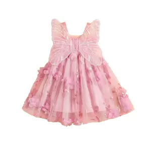 Baby Girls Cute Butterfly Tulle Dress 3D Flowers Sleeveless Fairy Dresses Toddler Mesh Tutu Princess A-Line Dress for Summer Party Clothes