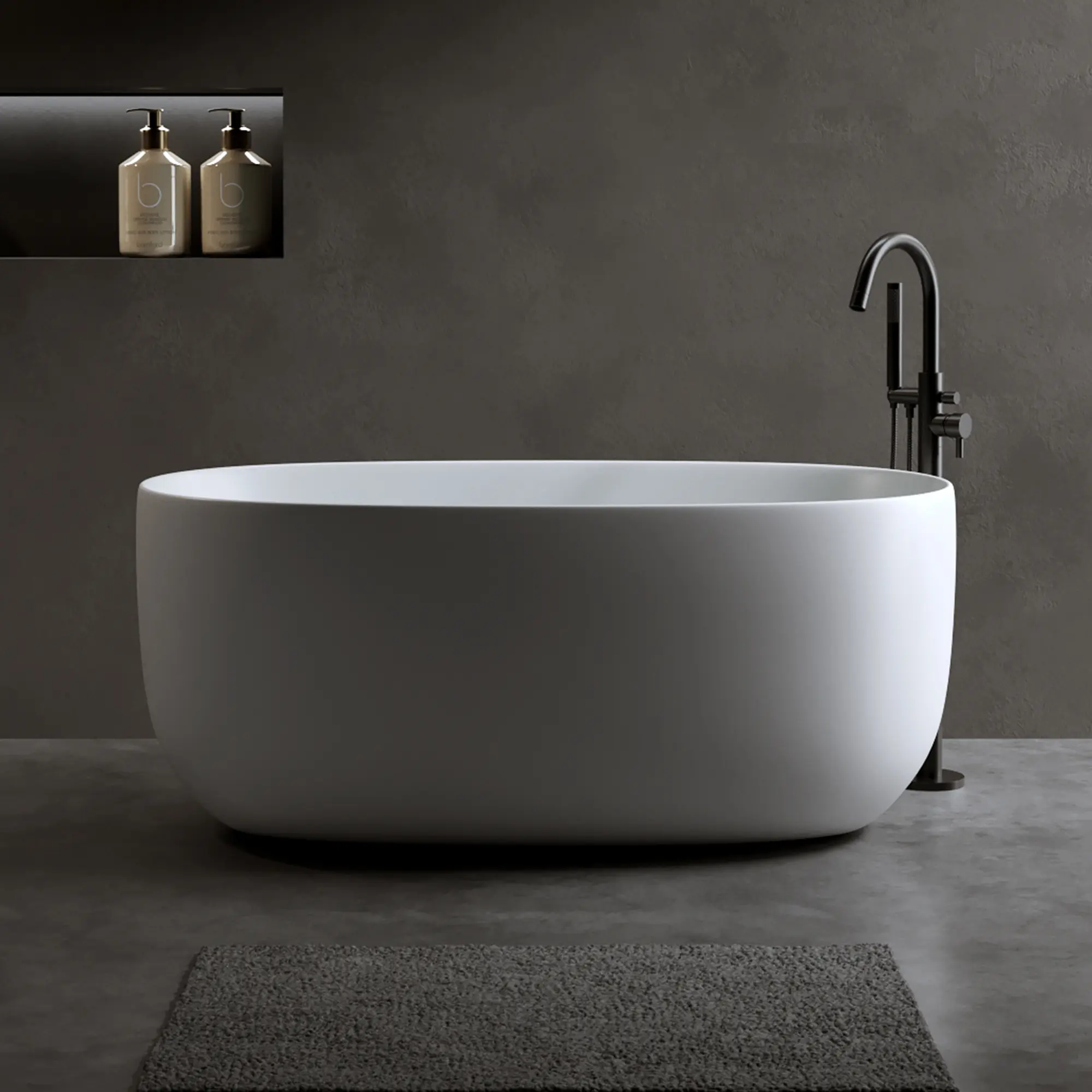 47 Inch Freestanding Stone Resin Soaking Bathtub, Oval Matte White, Center Drain with Pop-Up and Overflow, Ergonomic Deep Soak for Small Bathrooms