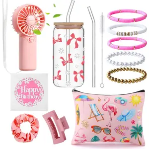 7 Pcs Birthday Gifts for Teen Girls Women, Summer Gift Baskets, Cute Daisy Pink Bow Aesthetic Glass Cups Set Happy Birthday Card for Girl Sister Friendship Granddaughter(Pink)