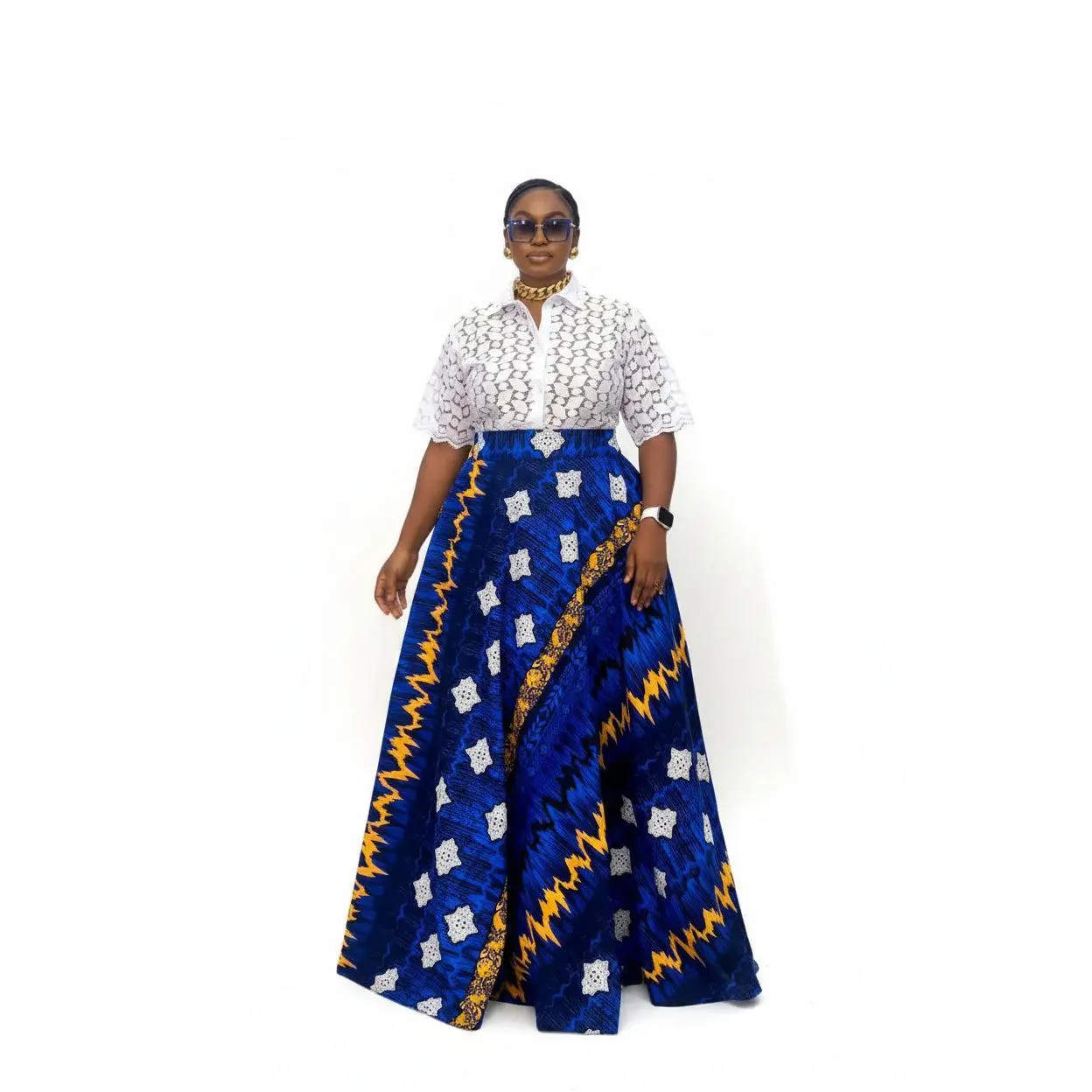 Women's African 2-Piece Set - Formal Lace Short Sleeve Button-Up Top & Royal Blue Ankara Print High-Waist Flowy Maxi Skirt, Fashion, Sleeves, Statement
