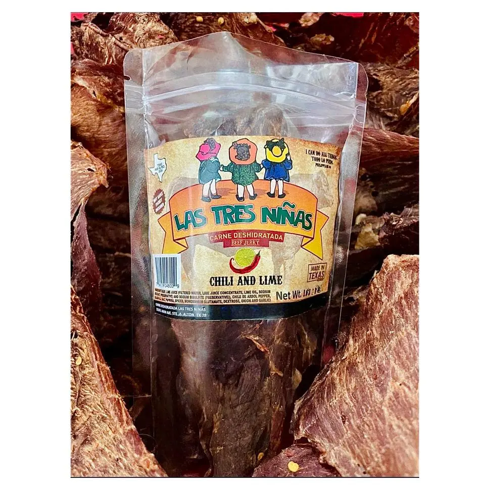 carne seca crunchy 100% premium beef jerky chili & lime tangy & spicy mexican snack Texas made 1.8 oz. Dry