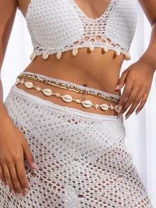 Boho Shell Pendant Necklace Set, Multi-Layer Pearl Waist Chain, Handmade Elastic Body Chain, Summer Beach Fashion