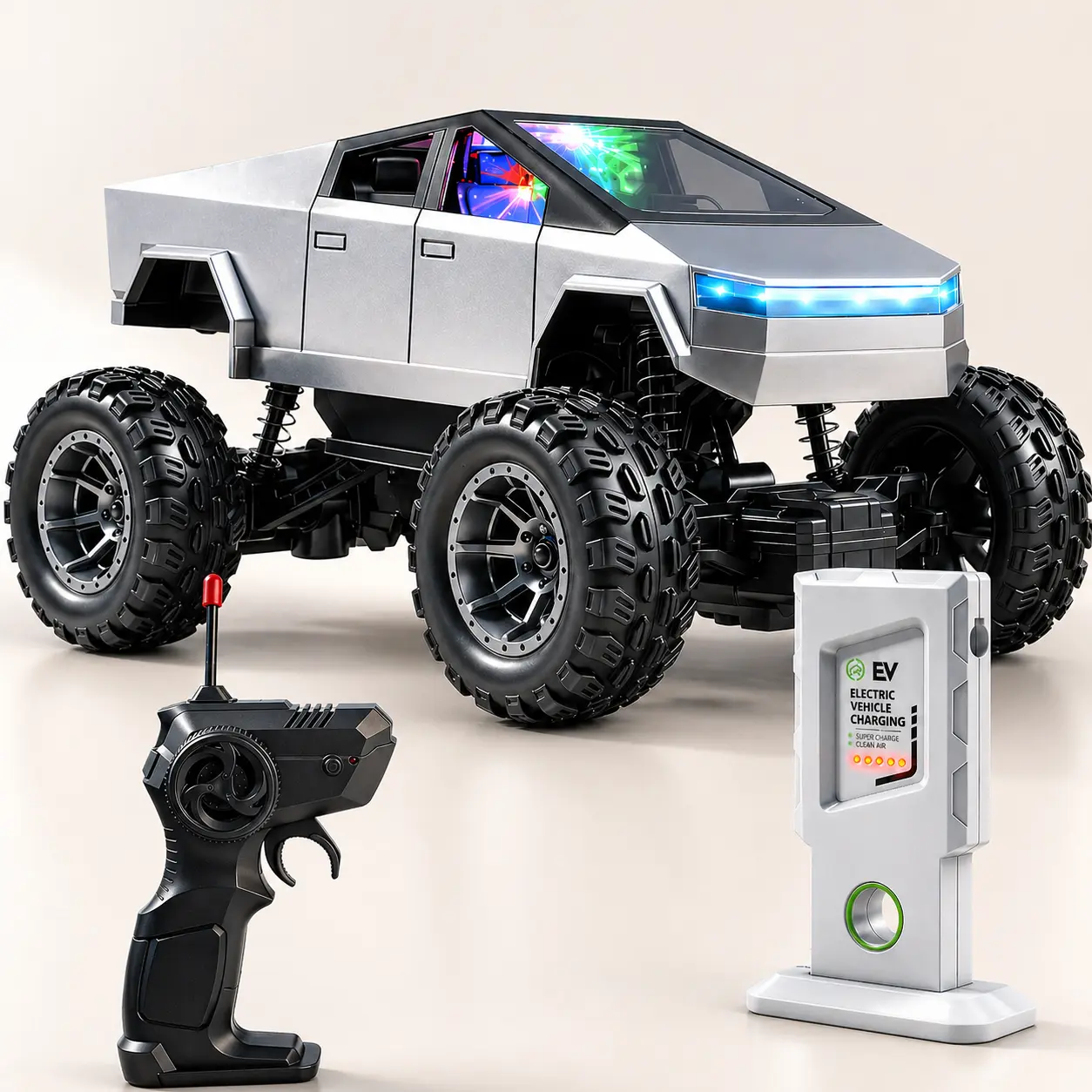 Remote Control Cyber Truck for Kids, 2.4GHz RC Off Road Monster Truck Toy with All Terrain Tires, Light Effects, Type-C Charging Station & Controller for Boys Girls